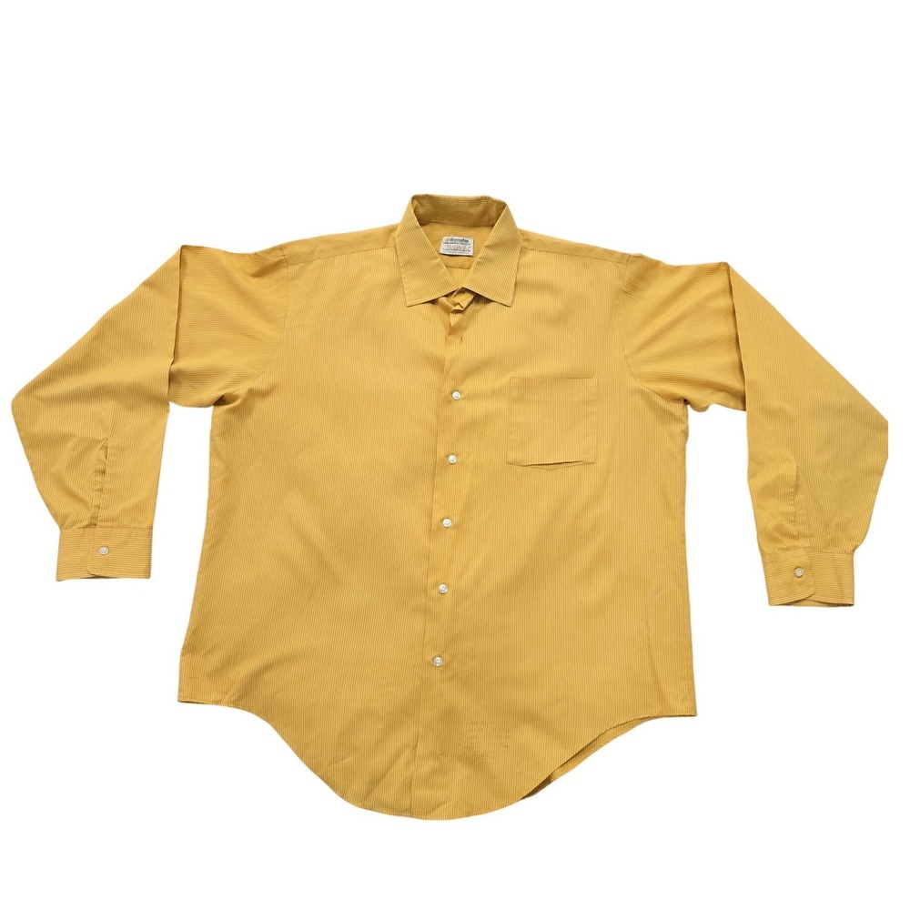 Vintage 60s Manhattan Madaco Pinstripe Dress Shirt Yellow Mens 25x28 Tail Stamp
